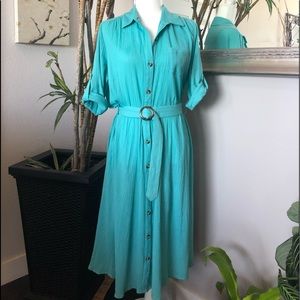 Vintage 90s 100% Cotton Turquoise Green Brownstone Studio Shirt Dress Size Small